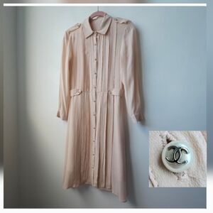 Vintage Chanel Silk Oyster Deep Pleated Pearl Logo Button Down Shirtdress